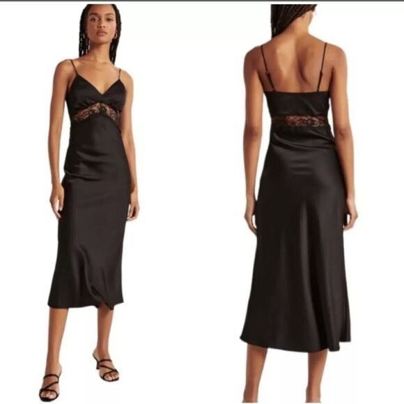 Abercrombie & Fitch Lace and Satin Slip Midi Dress Black Womens Small Tall - Picture 3 of 9